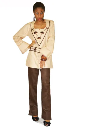 Brown Embroidered Voile Top with Linen Pants for Women