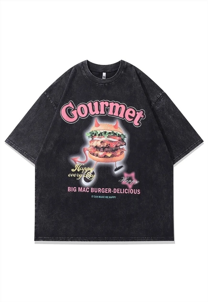 Burger print t-shirt fast food tee retro grunge top in grey