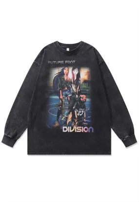 Girl cartoon t-shirt vintage wash Anime top long tee grey