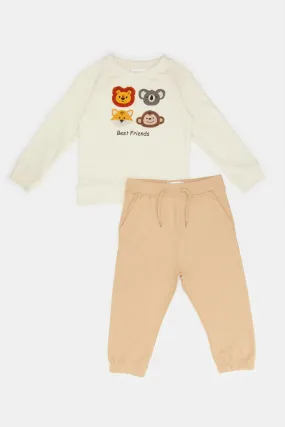 Infant Boys Cream And Beige Jogging Suit (2 Piece)