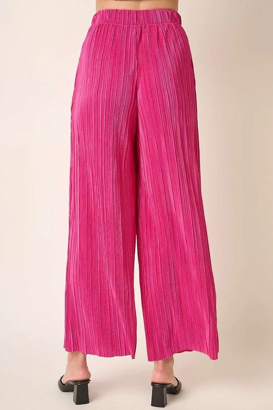 Magenta Pleated Satin Elastic Waist Wide Leg Pants