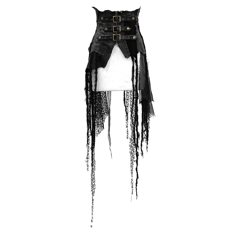 SKT105 brown asymmetry steampunk leather patchwork vintage distressed ladies belted half skirt