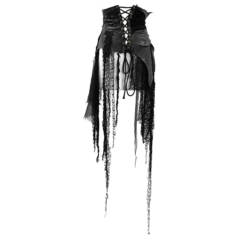 SKT105 brown asymmetry steampunk leather patchwork vintage distressed ladies belted half skirt