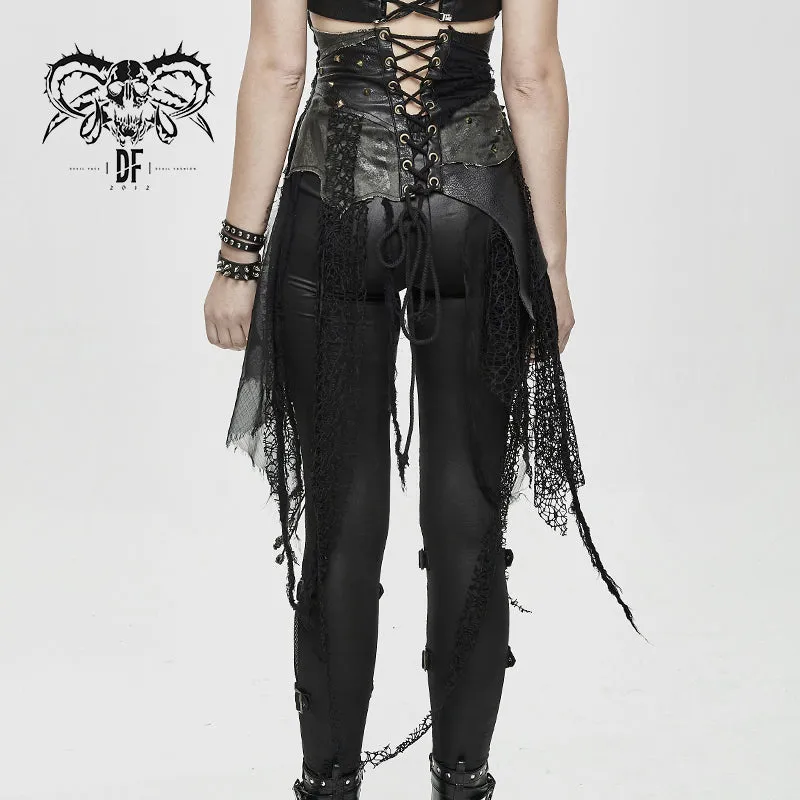 SKT105 brown asymmetry steampunk leather patchwork vintage distressed ladies belted half skirt