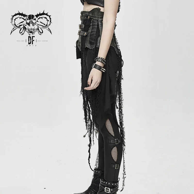 SKT105 brown asymmetry steampunk leather patchwork vintage distressed ladies belted half skirt