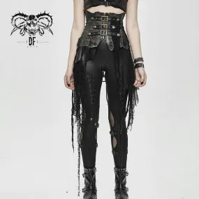 SKT105 brown asymmetry steampunk leather patchwork vintage distressed ladies belted half skirt