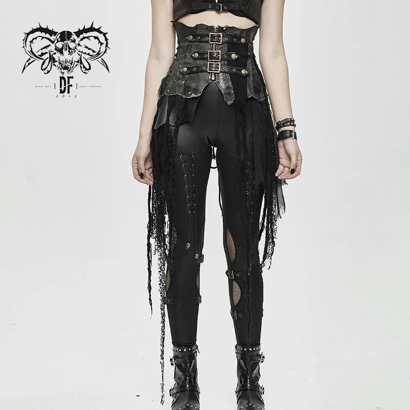 SKT105 brown asymmetry steampunk leather patchwork vintage distressed ladies belted half skirt